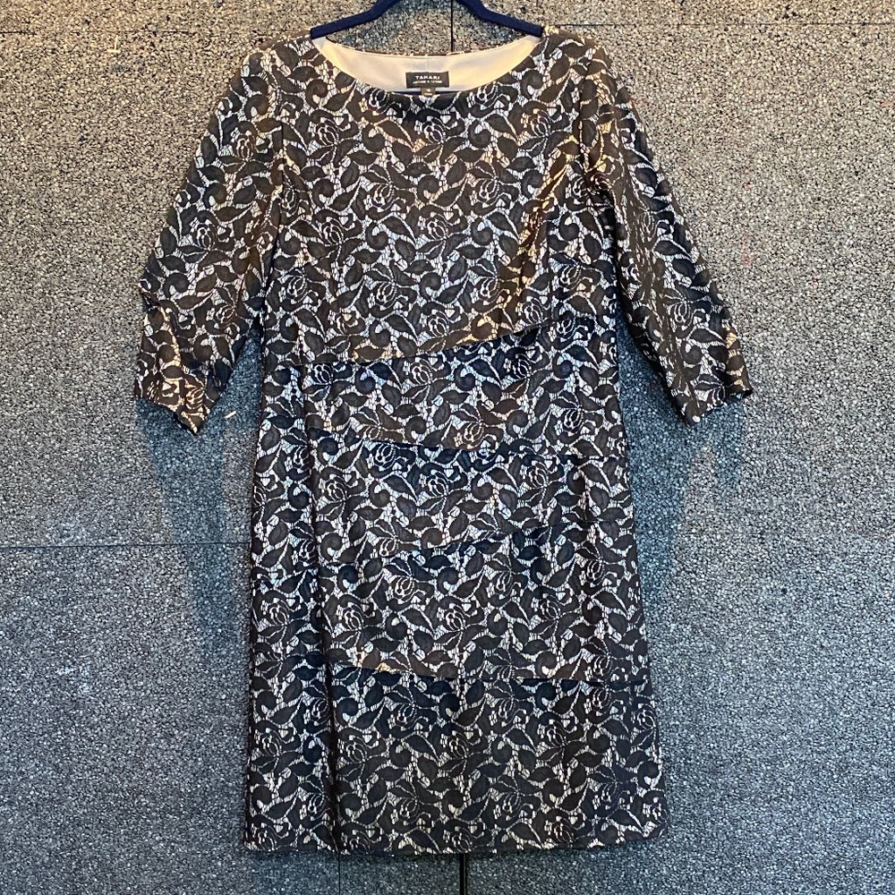 Tahari Black Lace over Nude Dress, 3/4 Sleeves 12